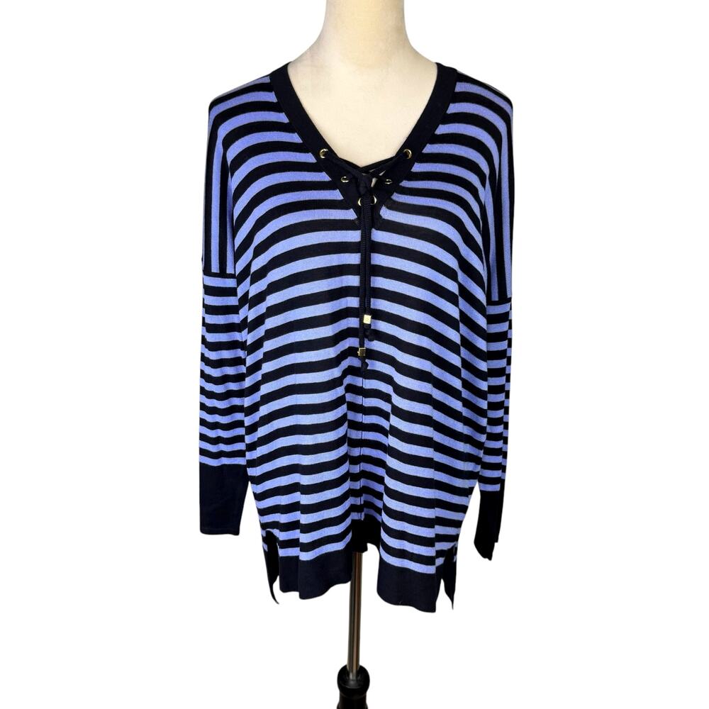 Dana Buchman NWT Womens Midnight Long Sleeved Striped Lace Up V Neck Shirt